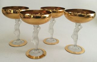 Vintage Bayel Champagne Glasses Gold With Frosted Nude Stems Set Of 4 French