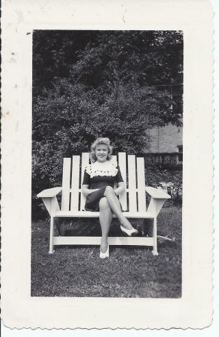 975p Vintage Photo Gorgeous Blonde W Sexy Legs Sitting On Adirondack Chair