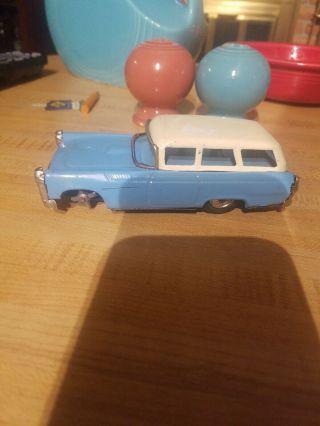 Vintage O Tin Blue Turquoise White Station Wagon Friction Winding Toy Car Japan