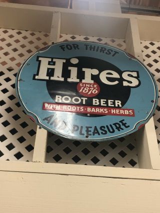 Vintage 1950s Drink Hires Root Beer Tin Round Sign Rare Metal