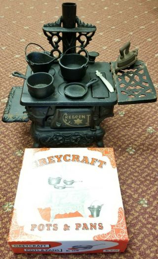 Vintage Crescent Cast Iron Stove Miniature Salesman Sample Accessories Pots Pans
