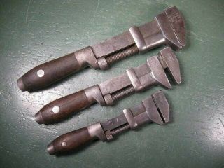 Old Vintage Mechanics Tools Wood Handled Adjustable Wrenches Group