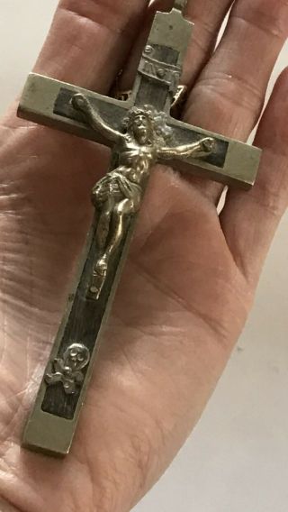 Vintage Crucifix Ebony Brass Skull Crossbones Nun Priest Faith Cross 4 " 1/2 L