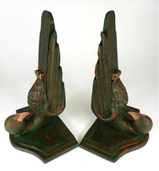 Early Folk Art Wood Carved Parrot Wall Candle Shelf Pair Copper Beak & Talons