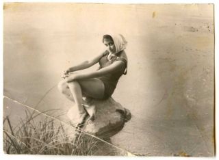 Russian Soviet Vintage Amateur Photo The Girl In A Bathing Suit Sits On A Stone