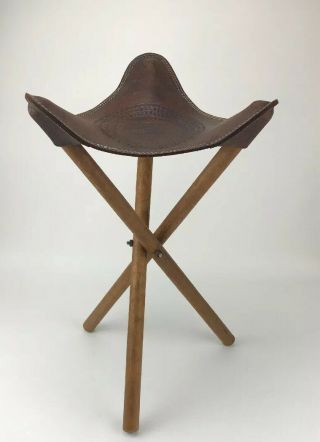 Vintage Hand Tooled Leather Tripod Camping Stool Folding Seat Hand Made