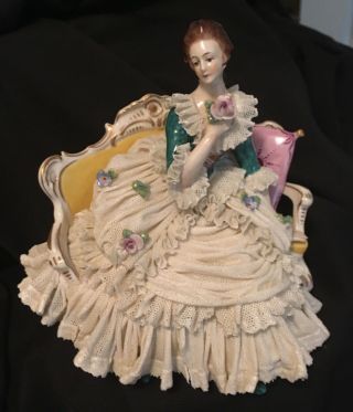 Vintage Dresden Lace Lady On Sofa Marked Porcelain Figurine
