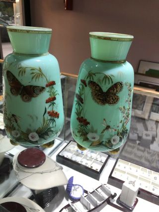 Set Of 2 Bristol Case Glass Vase With Hand Painted Butterflies Flowers 8 “