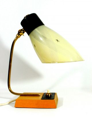 Vintage 1930/50s Glass / Wood / Brass Bed Side Table Lamp Art Deco