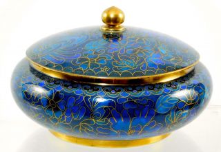 Fine Chinese Cloisonne Enamel Blue And Gold Floral Covered Bowl