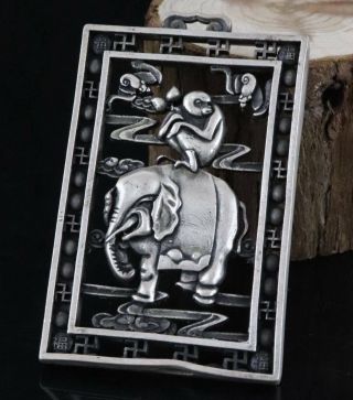 Collect China Tibet Silver Hand Carve Elephant & Monkey Moral Auspicious Pendant