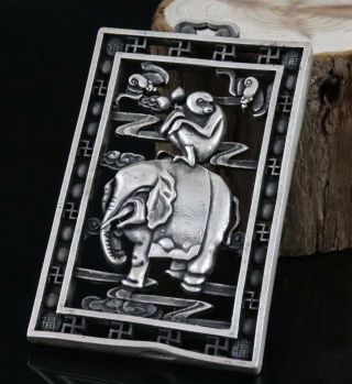 Collect China Tibet Silver Hand Carve Elephant & Monkey Moral Auspicious Pendant 2