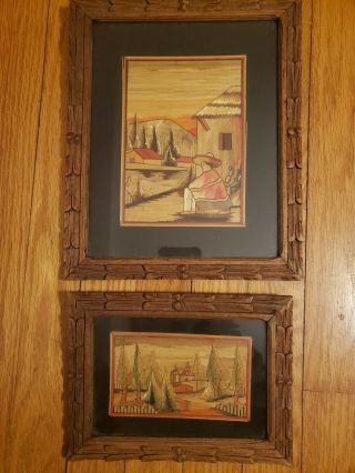 Two Vintage Framed Straw Folk Art Pictures From Mexico Hand Carved Wood Frames