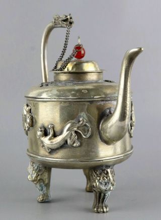 Collect Old Tibet Silver Carved Myth Dragon Delicate Royal Family Noble Wine Pot 3