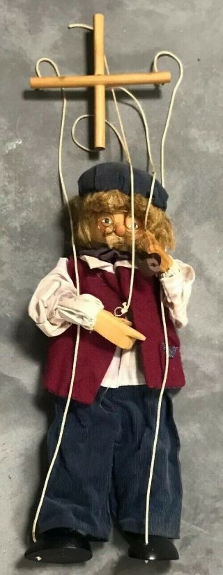 Vintage Marionette Hand Carved Wood Figure Old Man Hand Painted With Pipe