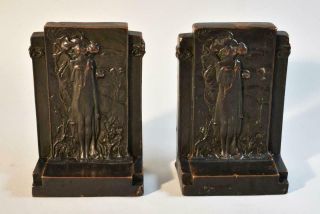 Pair Antique Bronze Clad Copper Tone " The Kiss " Bookends Circa 1920 