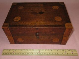 Antique 19th C Wood Inlay Folk Art Travel Document Letter Desk Box Case Inkwell