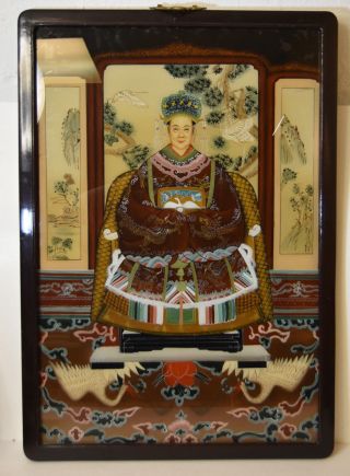 25 " Vintage Chinese Reverse Painting On Glass Ancestor Woman Cranes Panel Decor