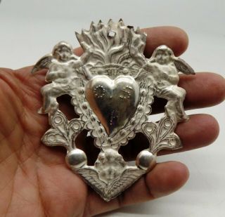 Antique Old Sacred Heart Jesus Ex Voto Miracle 3 Angels Sterling Silver 925 Z - 8