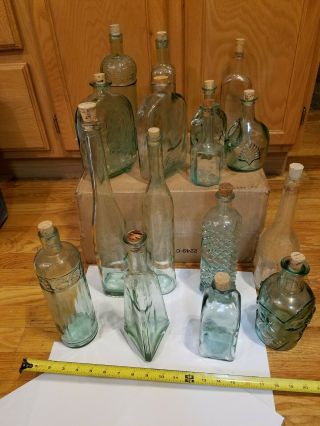 Vintage 16 Piece Glass Wine/assorted Bottle Set W/ Corks.  Tall & Small Up To 18 "