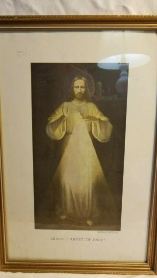 Vtg Antique Jesus The Divine Trust Wood Framed Picture Religious Wall Old Decor