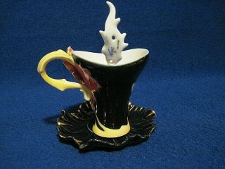Franz F201162 porcelain Vermillion Peony flower teacup,  saucer,  spoon - signed 2