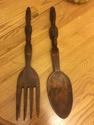 Vintage Hand Carved Wood Spoon And Fork Wall Decor