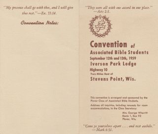 Bible Students Convention Program 1959 Stevens Point,  Wi Watchtower Related