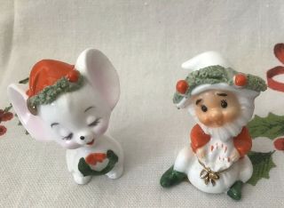 Vintage Set 2 Napco Bone China Figurine Spaghetti Trim Christmas Santa & Mouse
