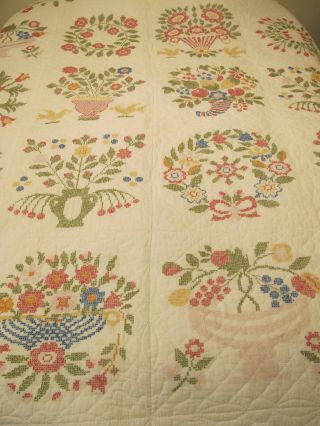 Vtg Hand Quilted Cross Stitch Sampler Quilt 92x98 " Completed Multicolor Designs