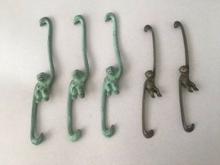 5 Vintage Mid Century Solid Brass Monkeys Hooks Hangers Hardware Apes Modern
