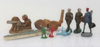 Group Of Vintage C1940s Wood And Plastic Toy Figures & Vehicles