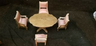 Antique Gottschalk French Market Gold Pink Dollhouse Miniature Table 4 Chairs