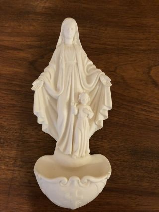Virgin Mary W/ Child Jesus Hanging Holy Water Font Made In Italy - Resin - Lovely