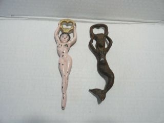 2 Vintage Cast Iron Bottle Openers - Mermaid & Naked Lady - 8 Inches