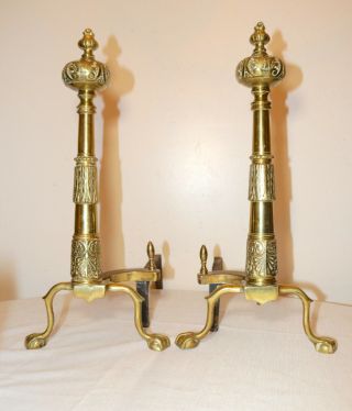 2 Antique Ornate Victorian Style Brass Fireplace Andirons Cast Iron