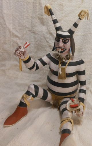 Large Vintage Carved Kachina Clown Hano Doll Eating Sausage,  Hopi Henry Shelton