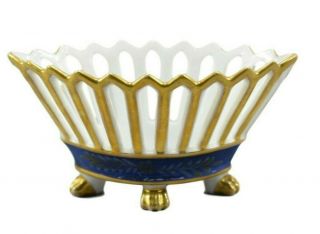 French Antique Old Paris Porcelain Reticulated Basket Vase Gold & Blue