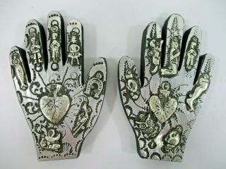 Set Of 2 Milagros Hands Wood With Miracle Charms,  Mexican Handmade Folk Art