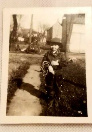 Vintage Little Boy Dressed In Cowboy Outfit Backyard Americana 1930s 1940s Photo