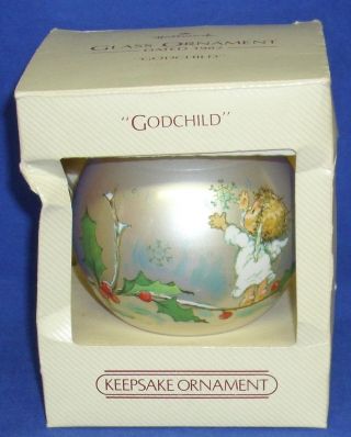 Hallmark Glass Ball Ornament Godchild 1982 Angel Snowflakes Holly See Box