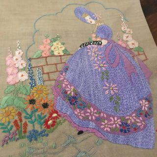 Vintage Hand Embroidered - Stunning Crinoline Lady Picture Panel