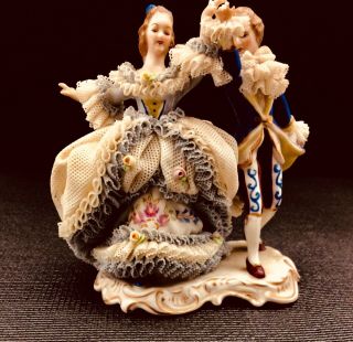 Vintage Dresden Lace Style Muller & Co.  Porcelain Courting Couple Figurine