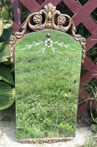 Fine Antique Art Deco Reverse Etched Gilt Wood & Gesso Beveled Wall Mirror