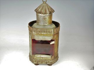 Rare 19th Century Fancy Footed American Tin Lantern W/ Red Glass