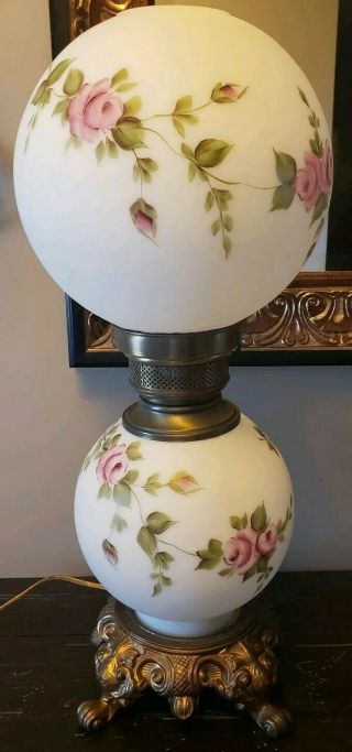 Antique Globe Hurricane Parlor Lamp Gone With The Wind Style White & Pink Roses