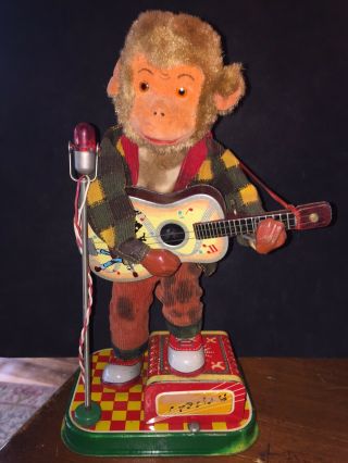 Vintage Rock N Roll Monkey Tin Litho Toy Alps 1950’s Japan Lites Up Moves