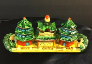 Vintage Ornate Decorative Condiment Salt & Pepper Shaker Set Temple Pagoda 5pc