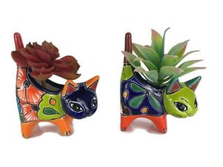 Set Of 2 Mexican Folk Art Talavera Pottery Cats Planter Pot Handpainted 5.  5 "