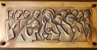 Vintage Mid - Century Last Supper Hammered Copper Relief On Wood Wall Plaque 7×13 "